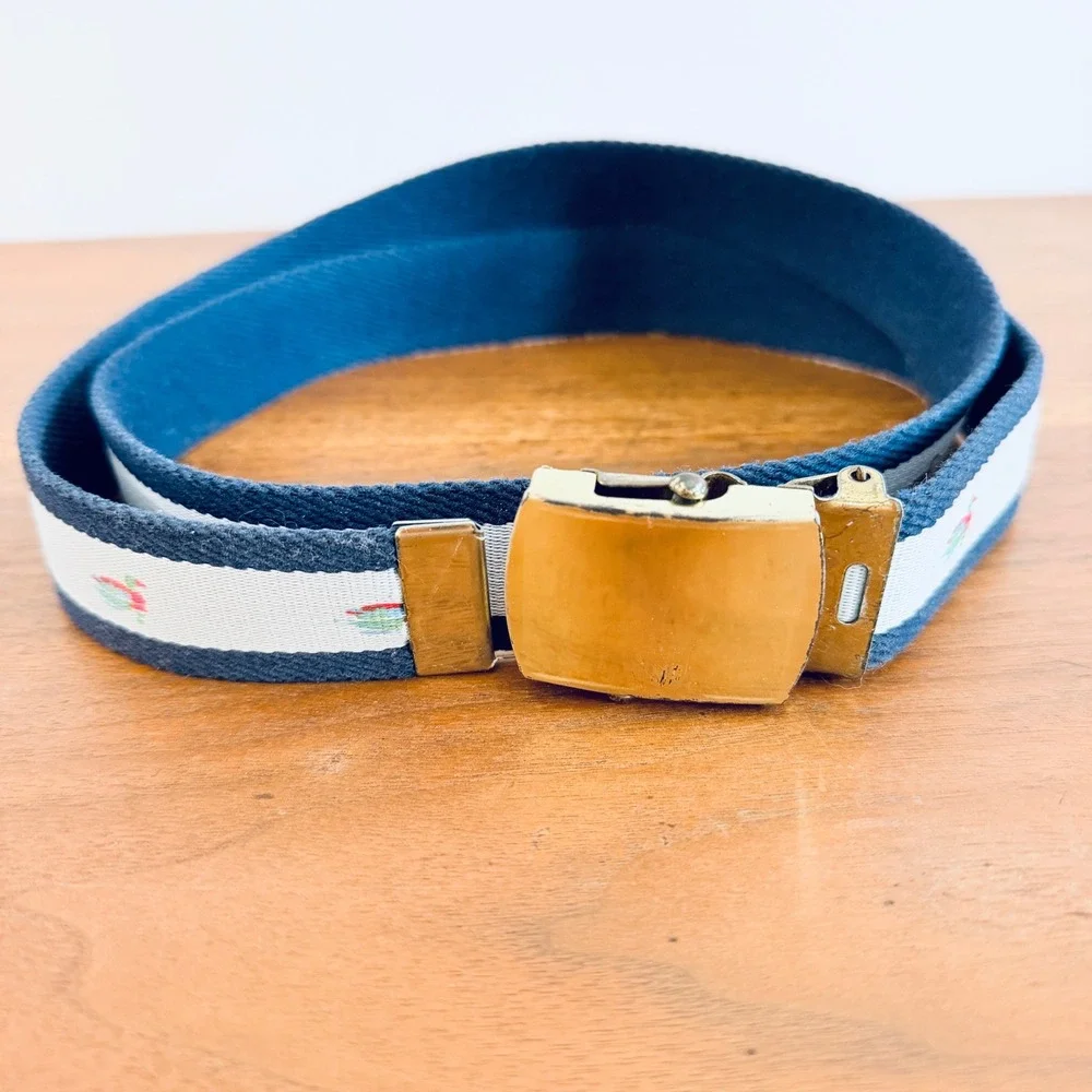 Vintage Mallard Duck Navy Blue Preppy Canvas Web Belt Brass Buckle Made in USA